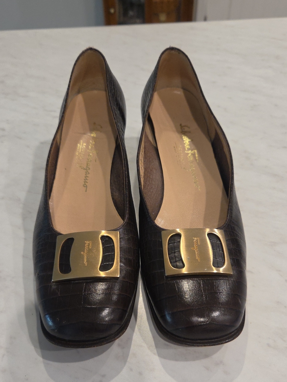 Salvatore Ferragamo Dark Brown Croc-Embossed Leather Flats with Gold Buckle